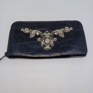 Vintage Glenn Miller designs for Ann Turk Blk Leather Wallet Ornate Silver Crest